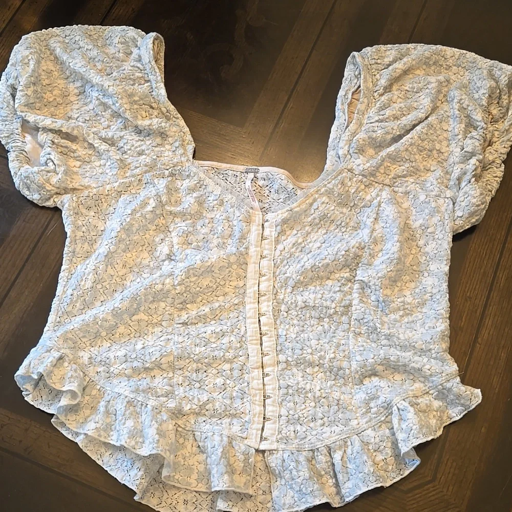 💙 Free People Light Blue Textured Puff Sleeve Blouse | Large | NWOT